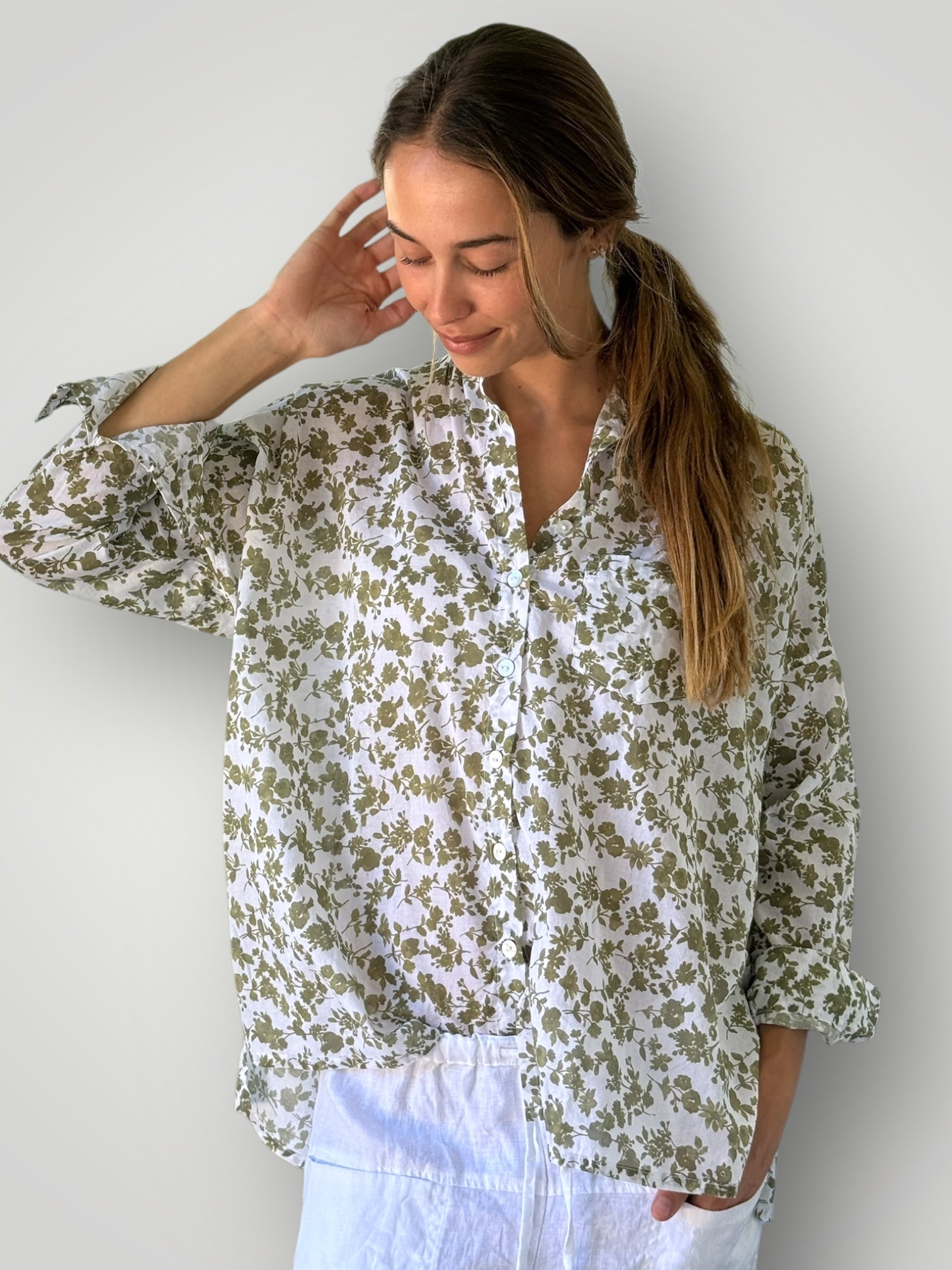 rosie shirt - olive floral cotton Apparel