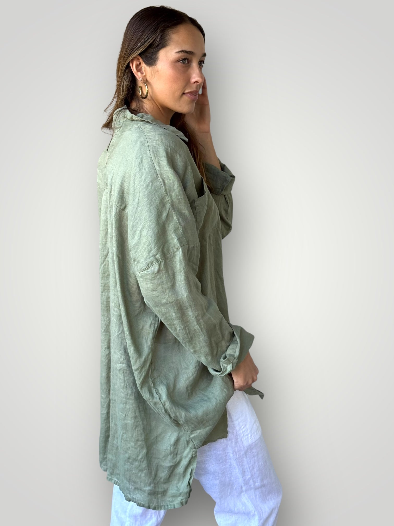 aiden boyfriend shirt -sage linen Apparel
