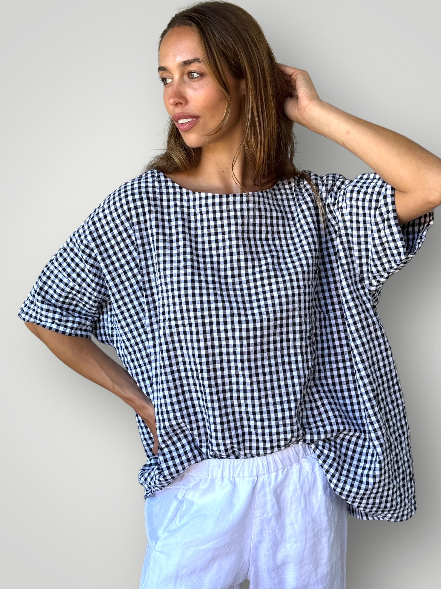 marita top s/s -black gingham cotton Apparel