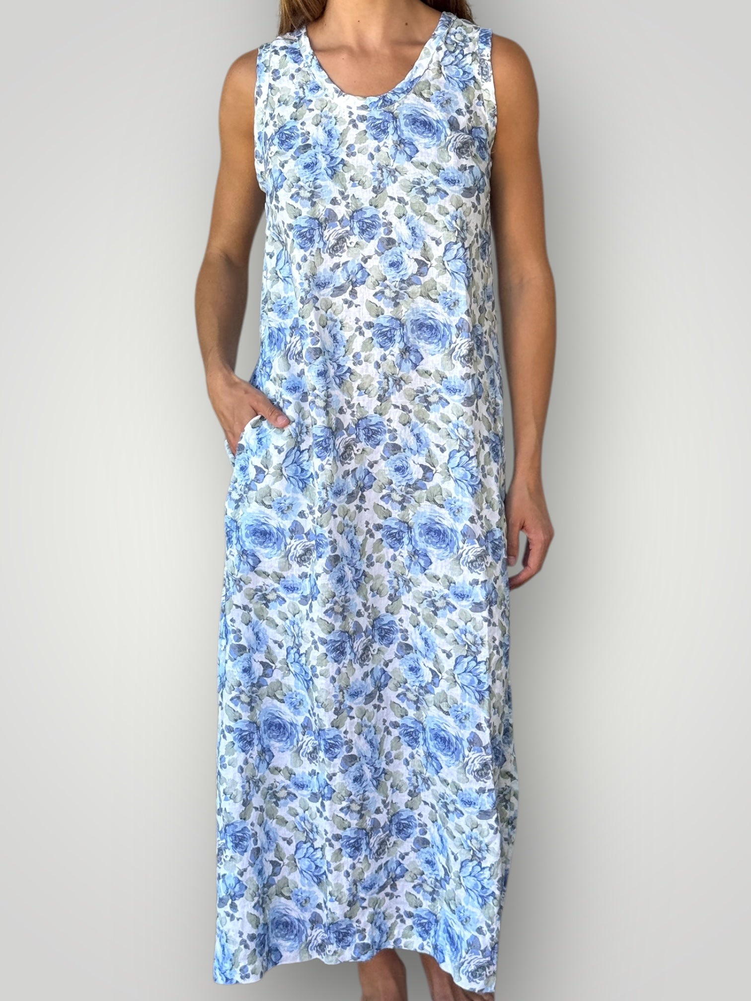 imogen dress-soft blue flowers linen