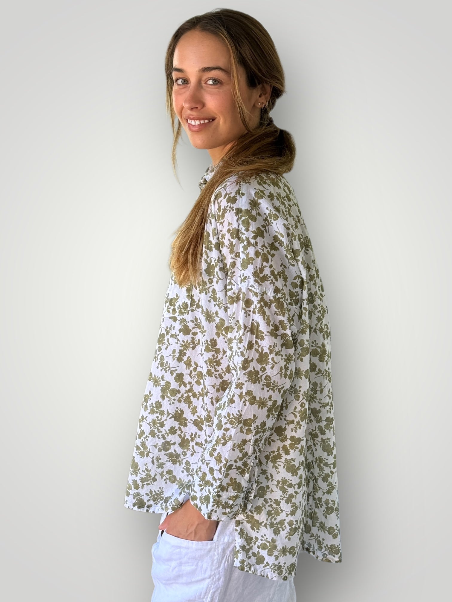 rosie shirt - olive floral cotton Apparel