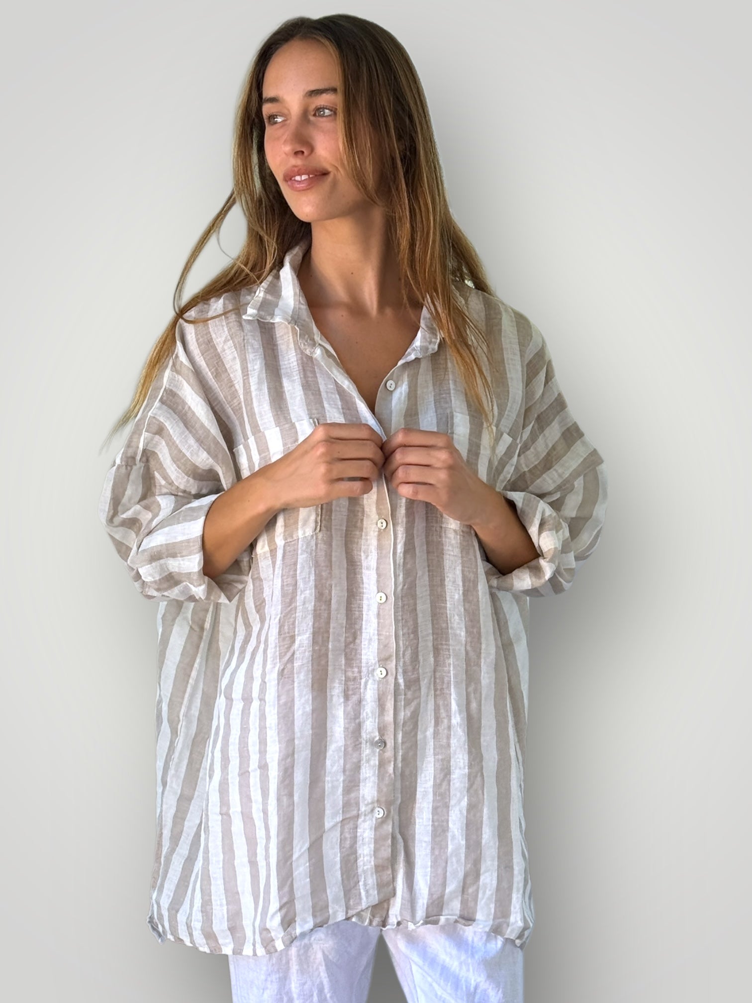 aiden boyfriend shirt -natural stripe linen Apparel