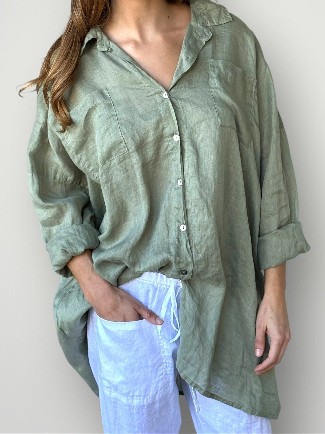 aiden boyfriend shirt -sage linen Apparel