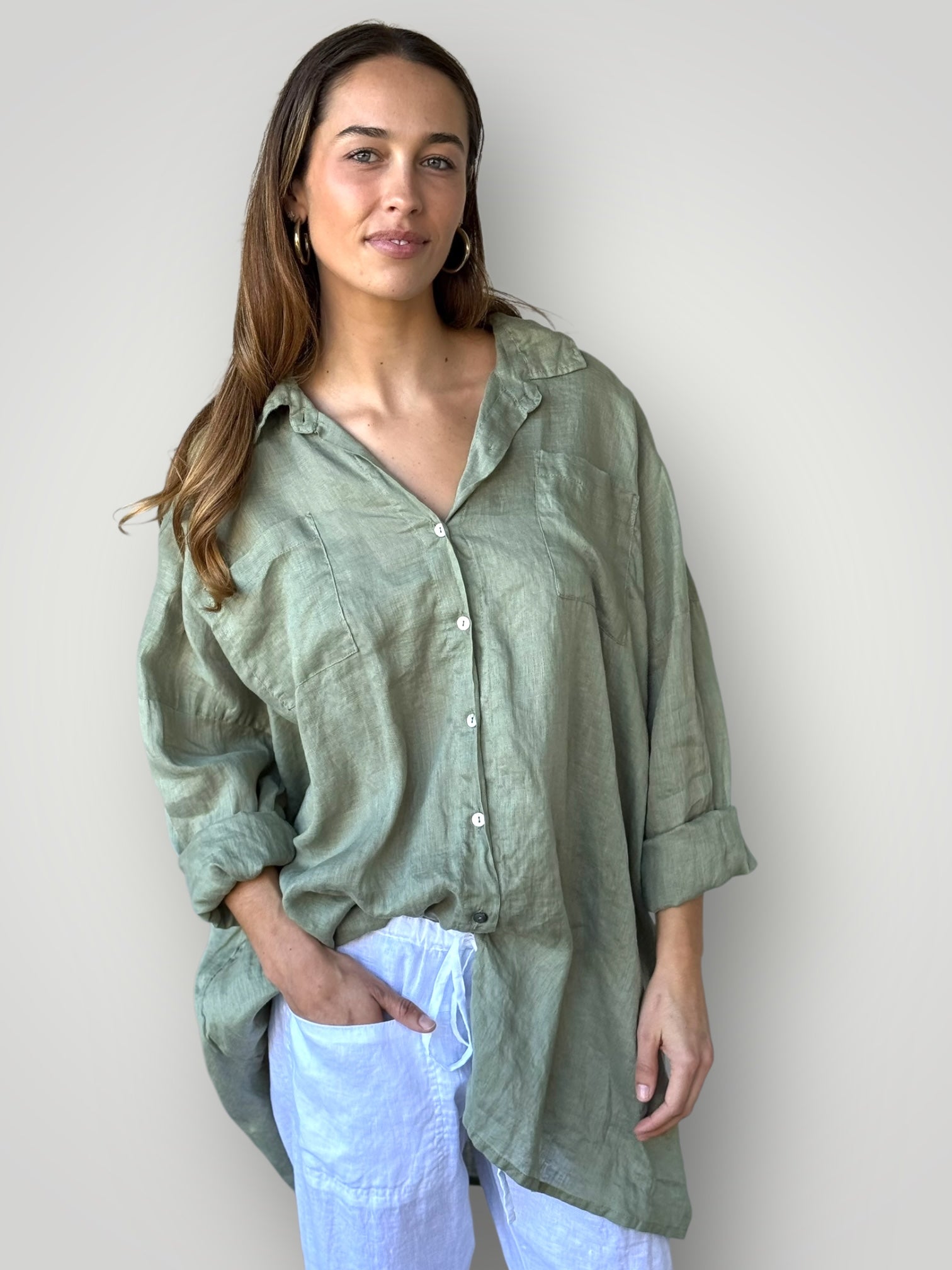 aiden boyfriend shirt -sage linen Apparel
