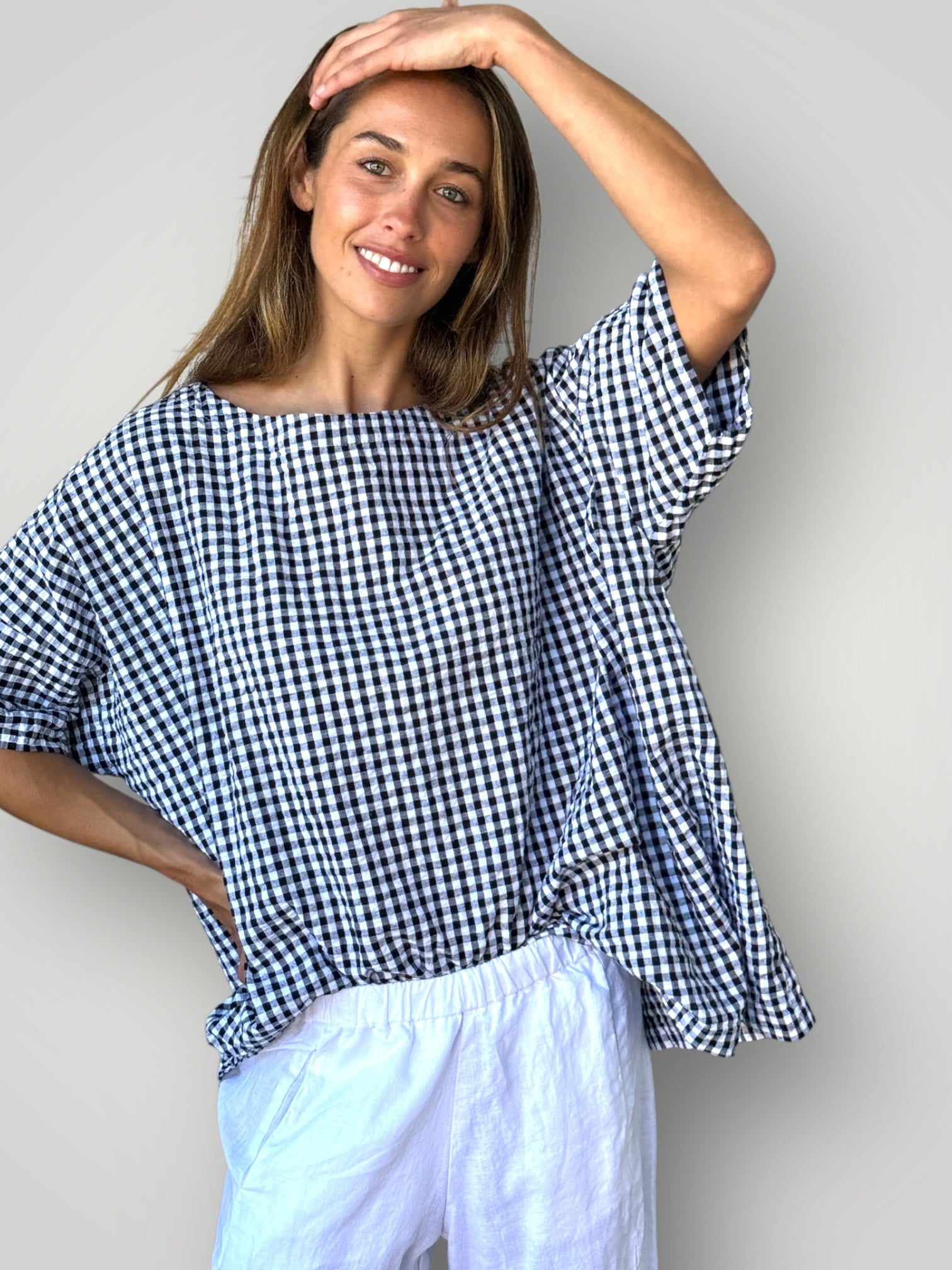 marita top s/s -black gingham cotton Apparel
