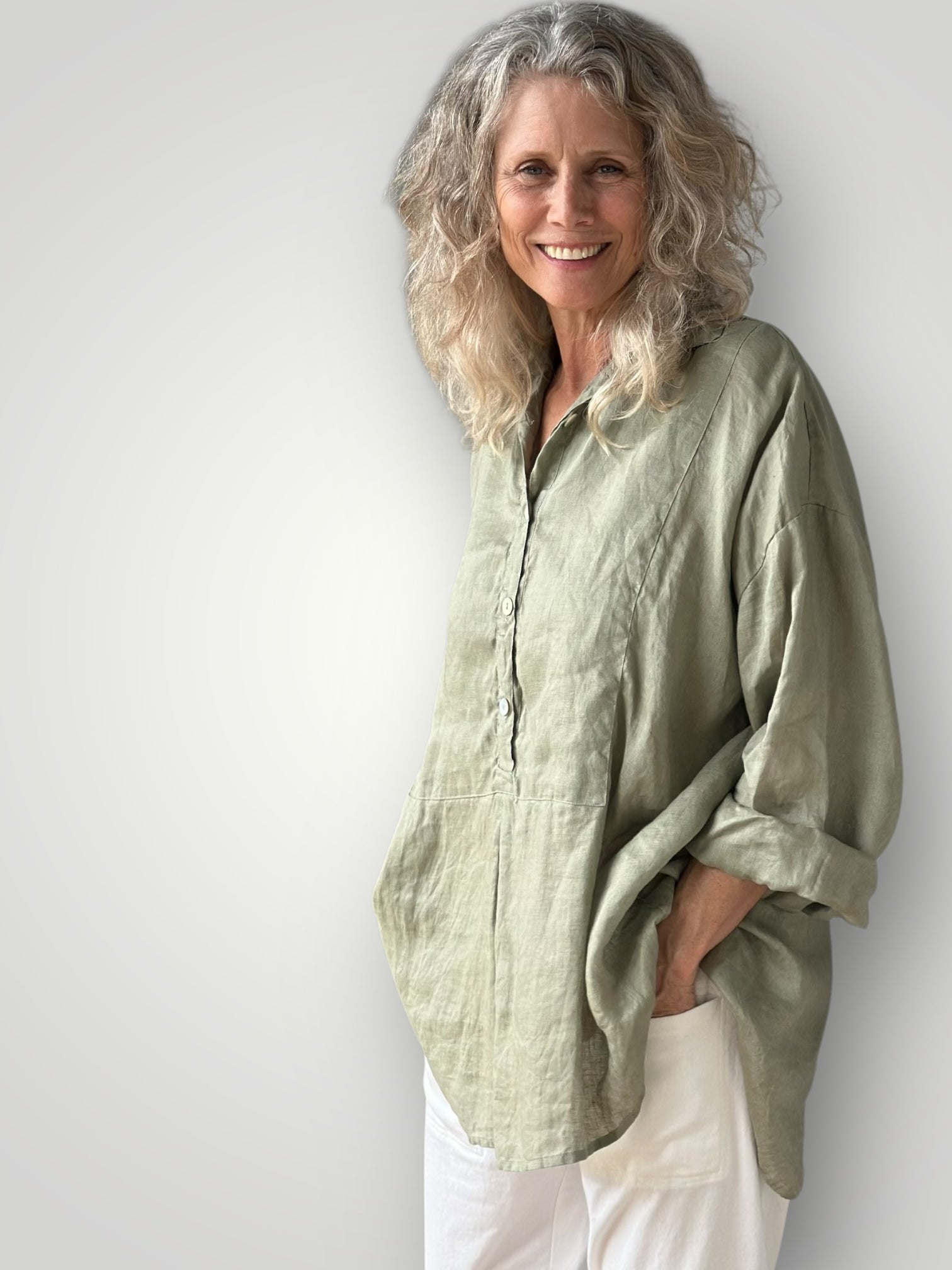 megan shirt - sage linen Apparel
