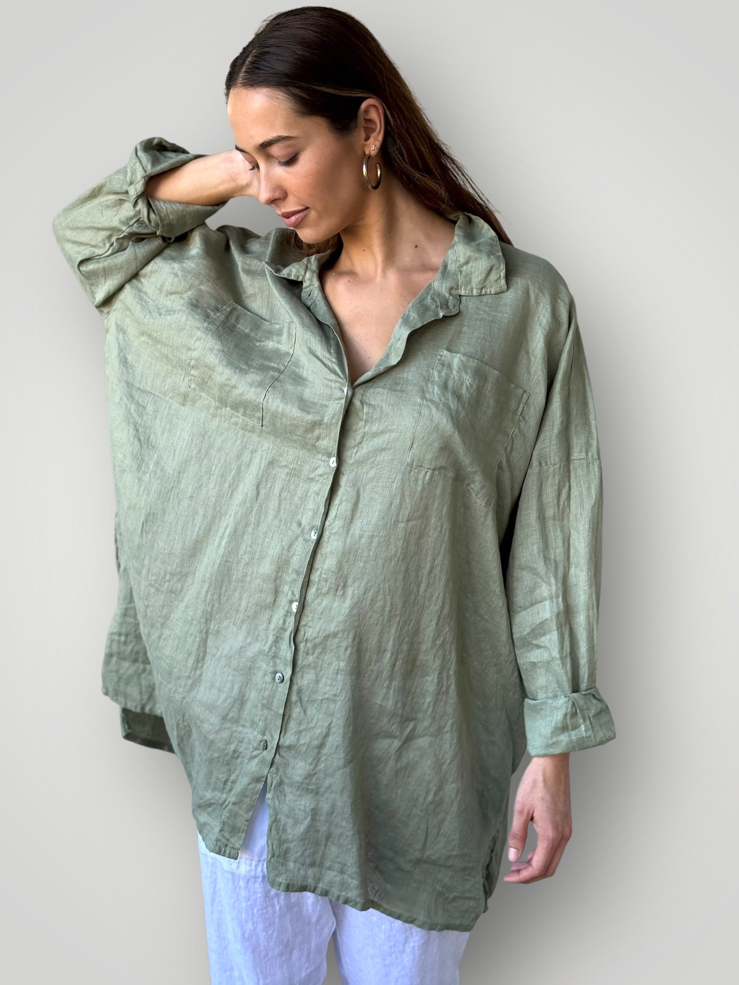 aiden boyfriend shirt -sage linen Apparel