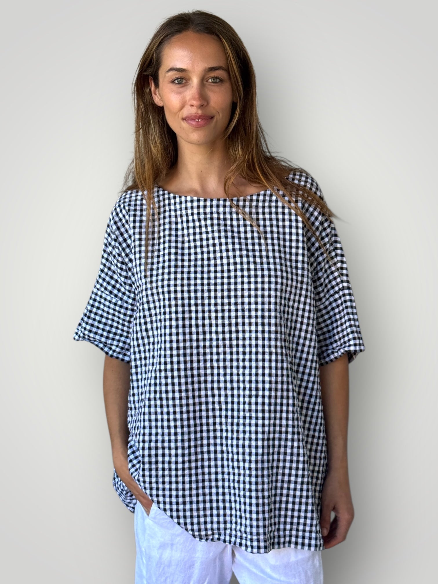 marita top s/s -black gingham cotton Apparel