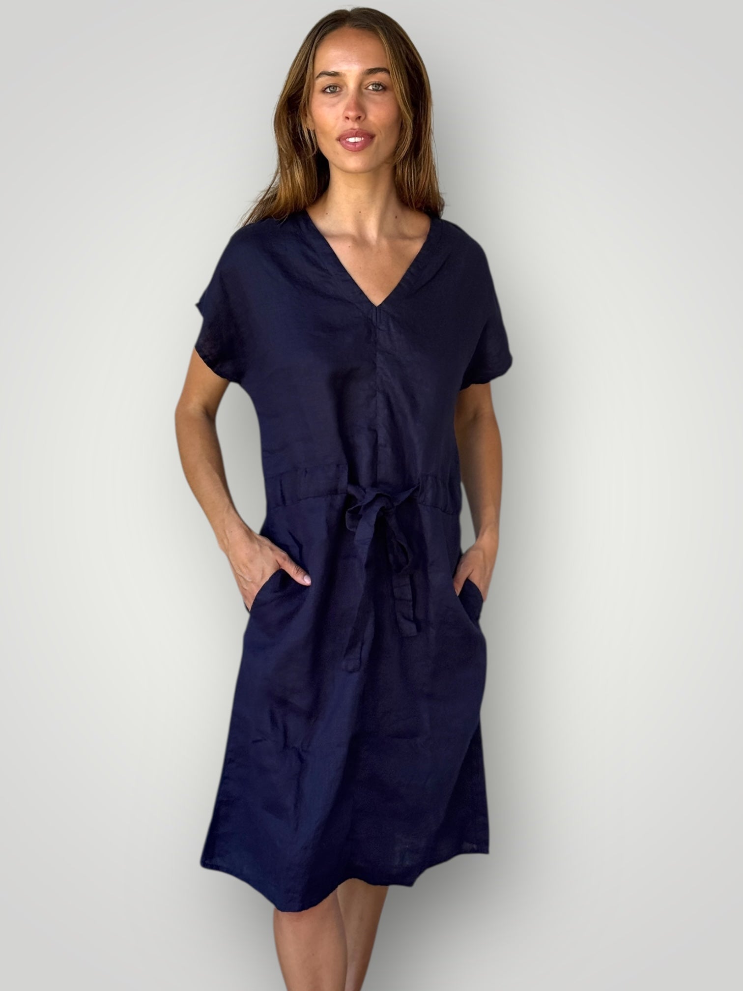 harper dress mid length -navy linen Apparel