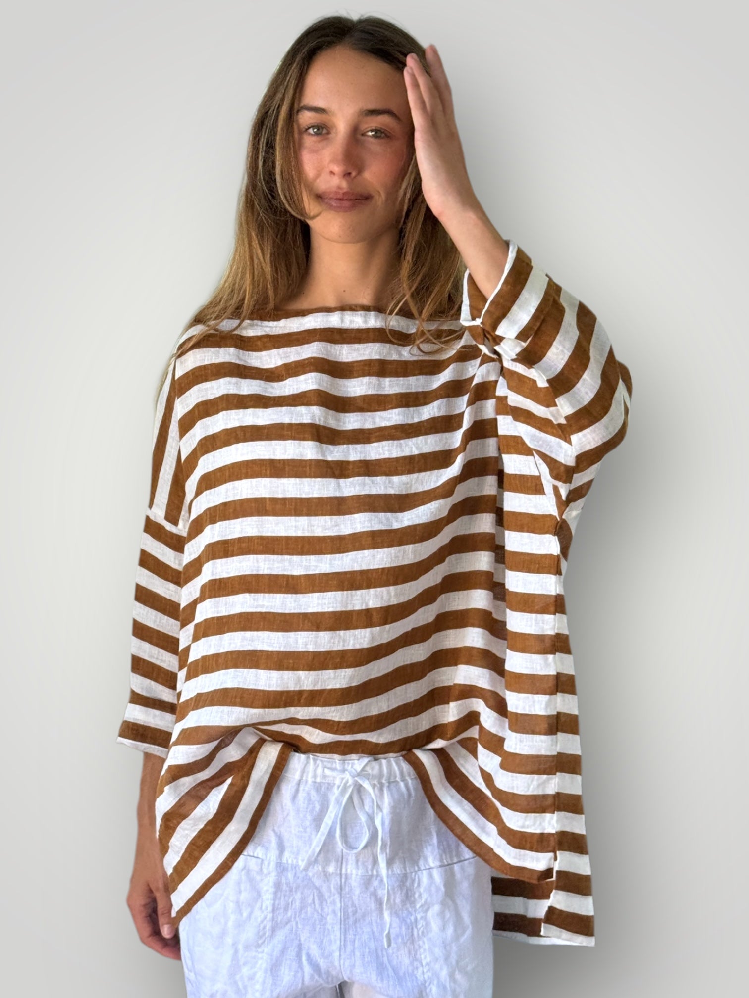 avril top - caramel stripe linen Apparel