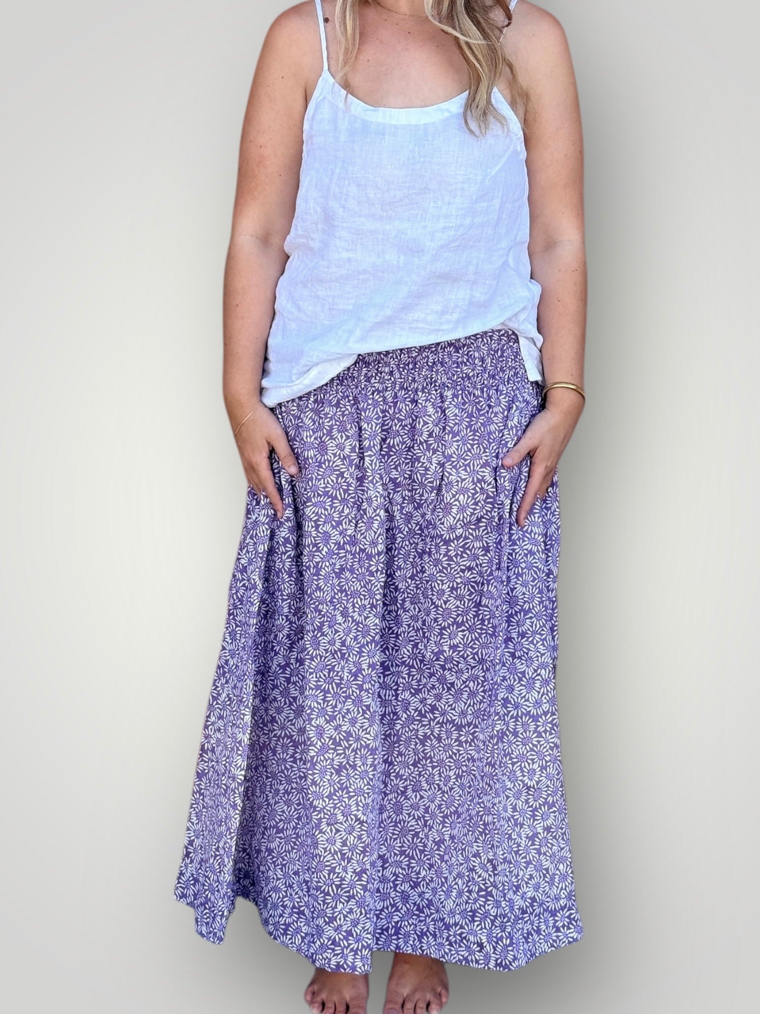lulu skirt-orchid daisy linen Apparel