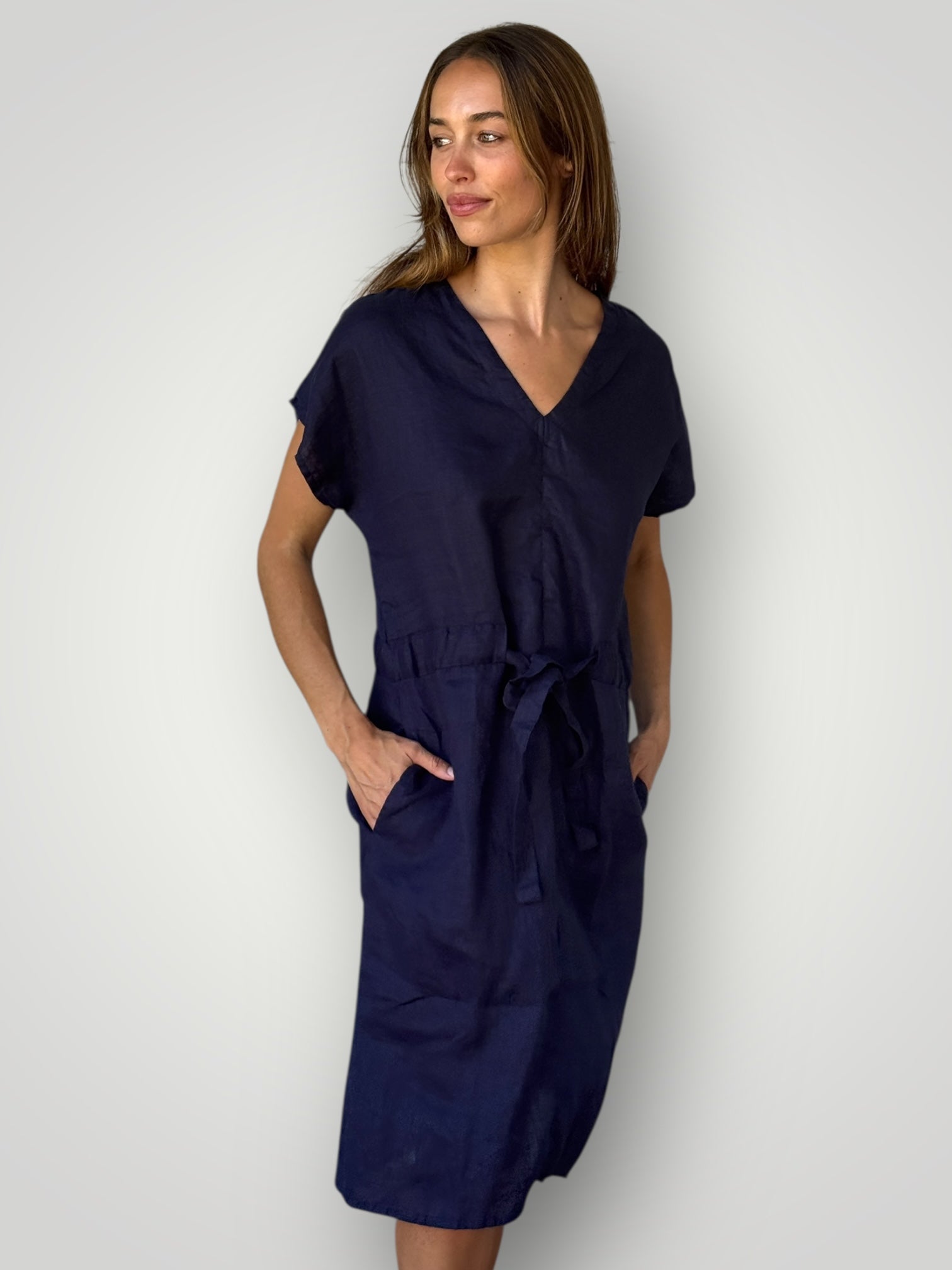 harper dress mid length -navy linen Apparel