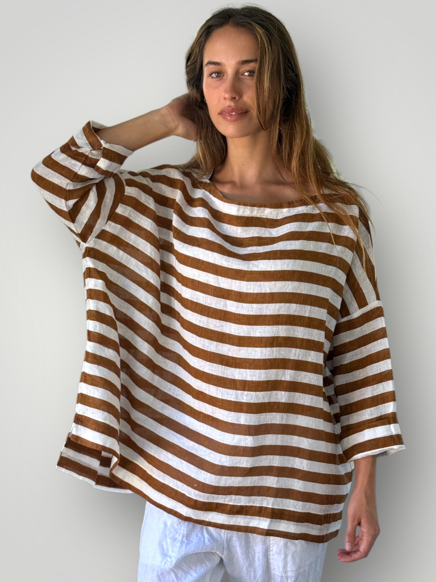 avril top - caramel stripe linen Apparel