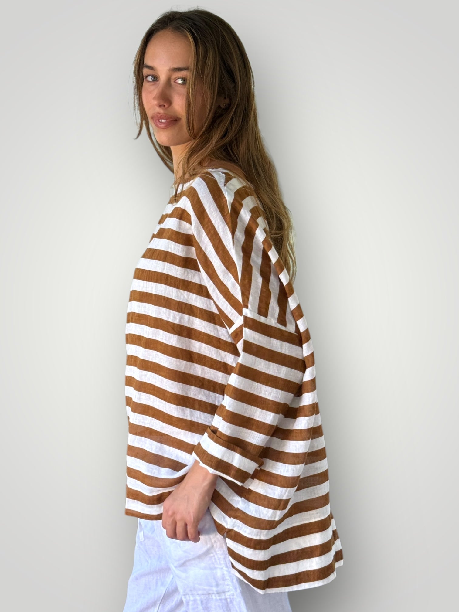 avril top - caramel stripe linen Apparel