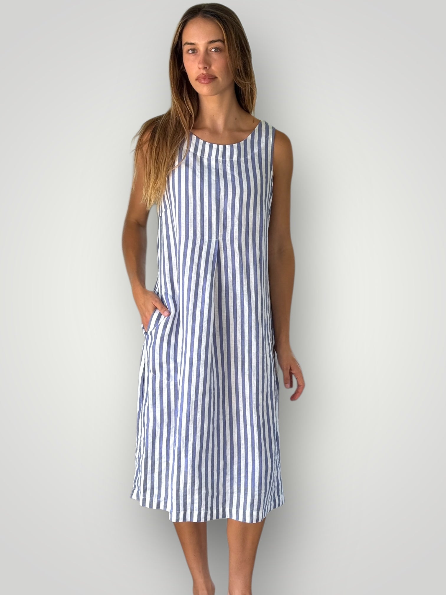 becky dress - cornflower stripe linen Apparel