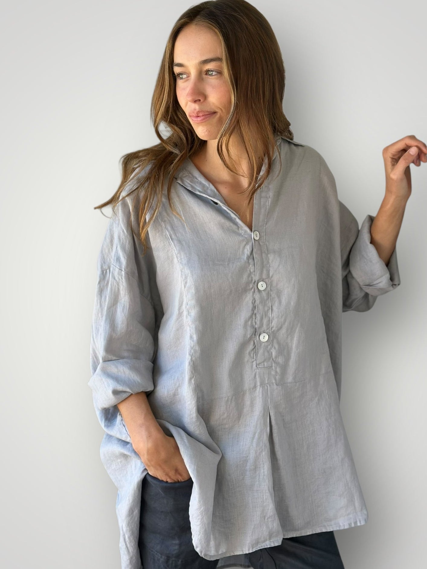 megan shirt-soft grey linen Apparel