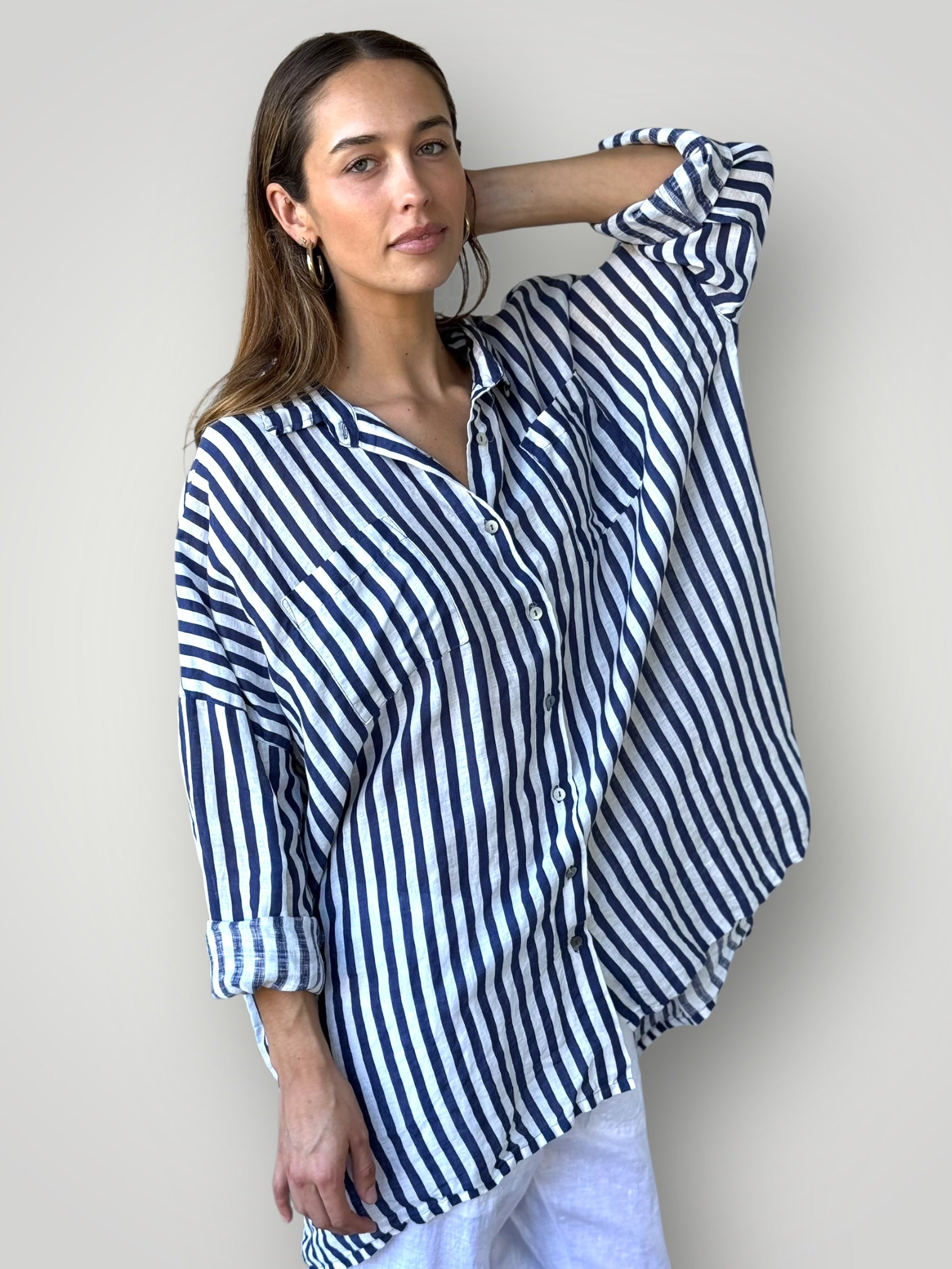 aiden boyfriend shirt -blue dusk stripe linen Apparel