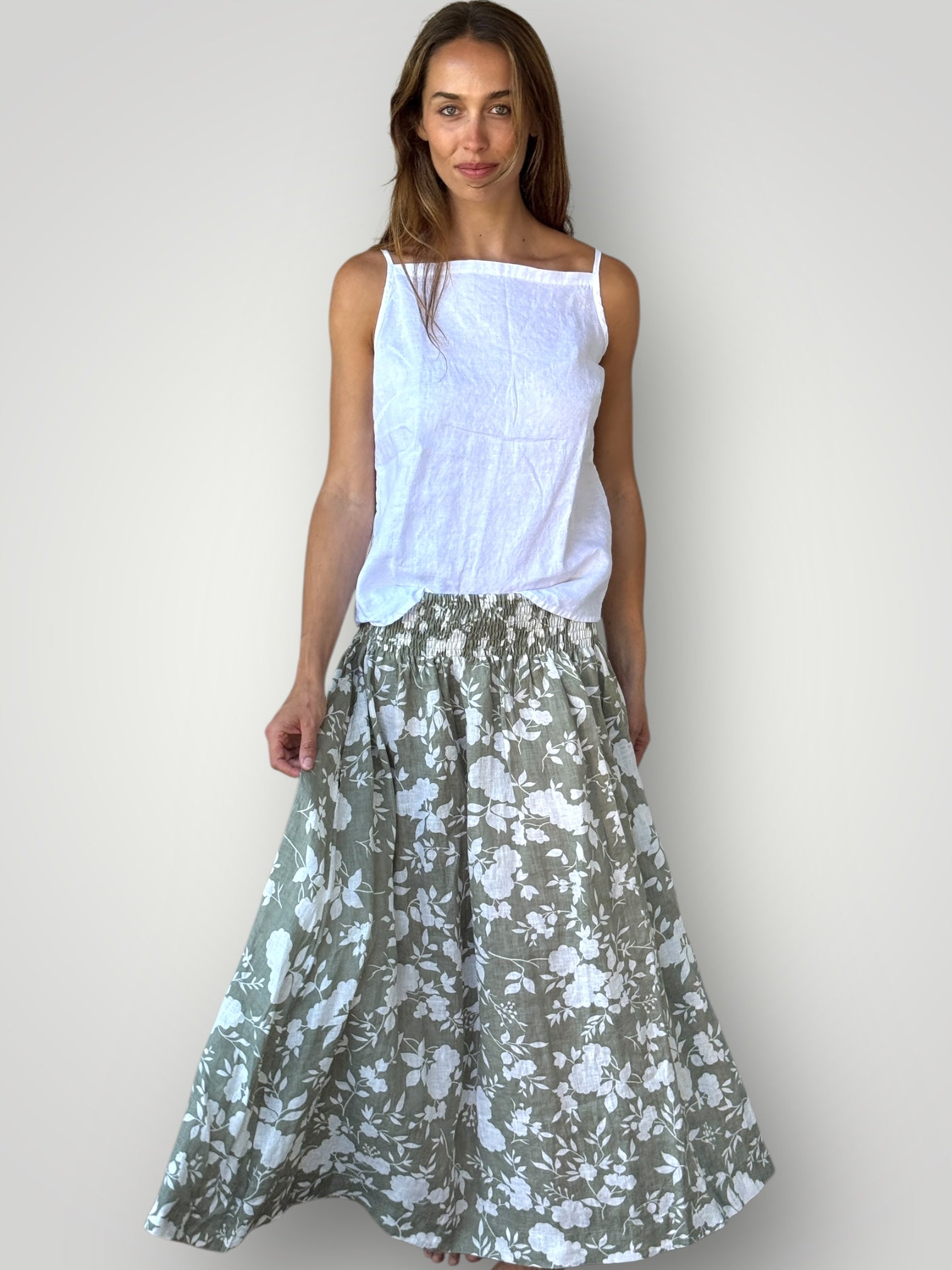 lulu skirt-big sage flower linen Apparel