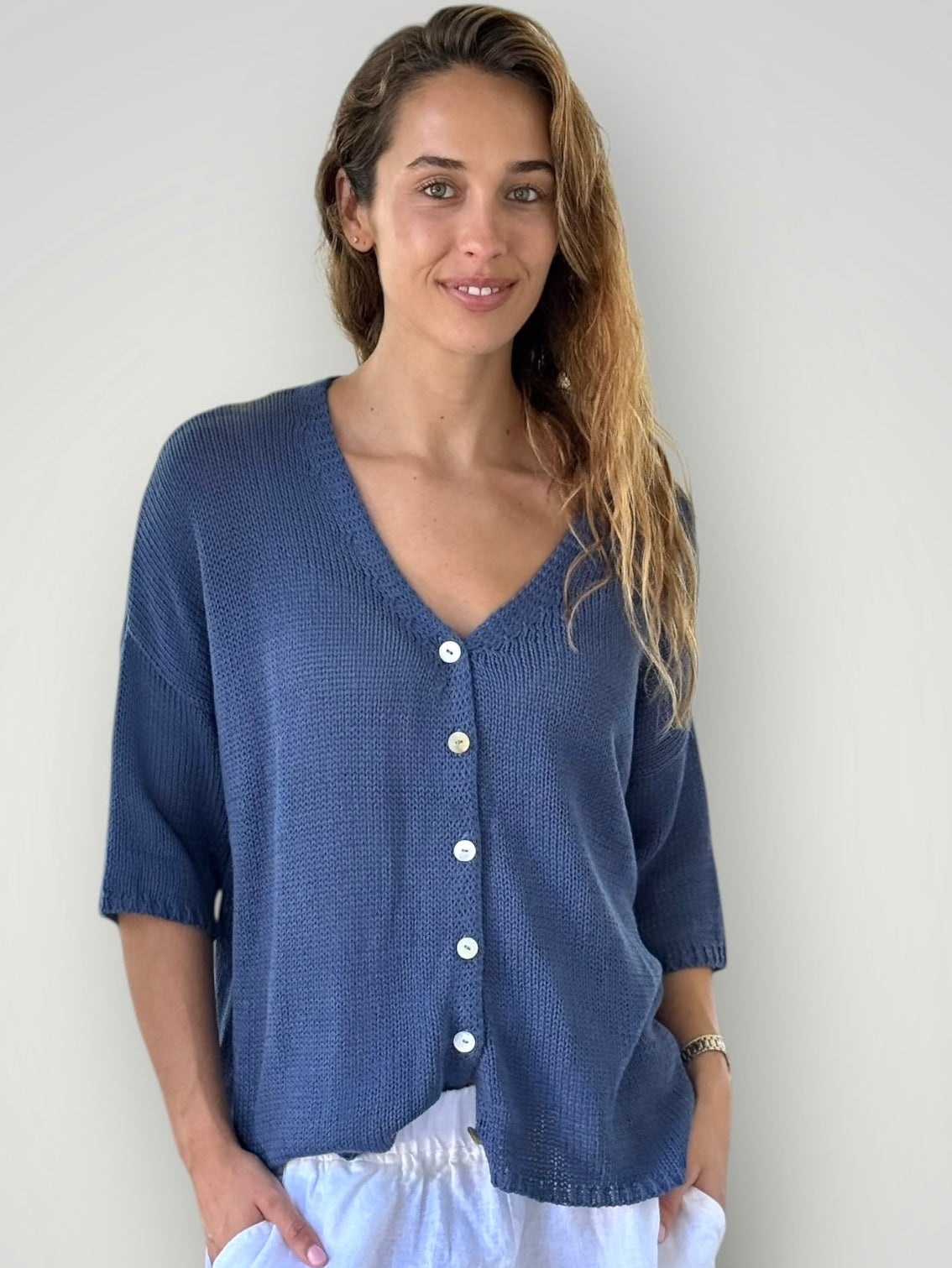 alex cardi-denim cotton knit Apparel
