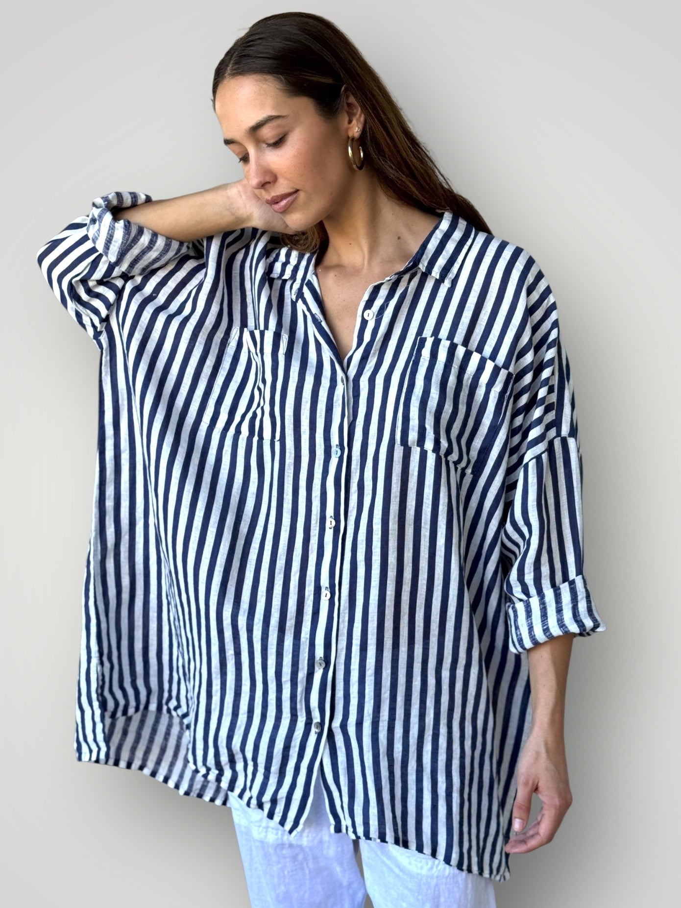 aiden boyfriend shirt -blue dusk stripe linen Apparel