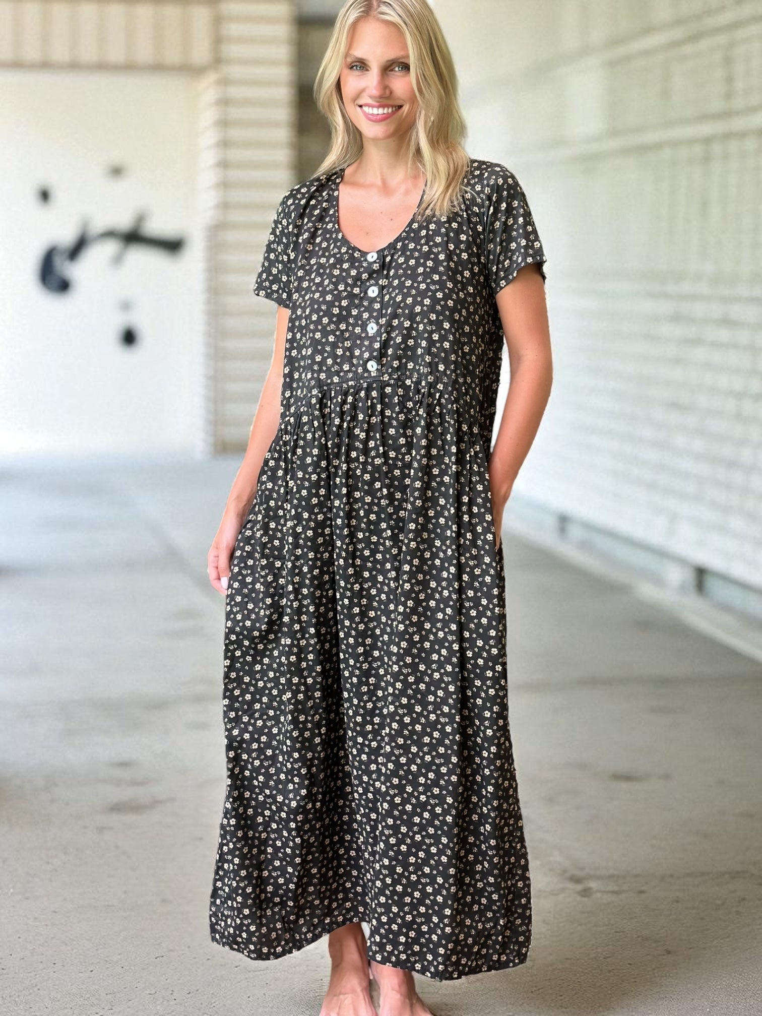 audrey dress - small charcoal flower cotton Apparel