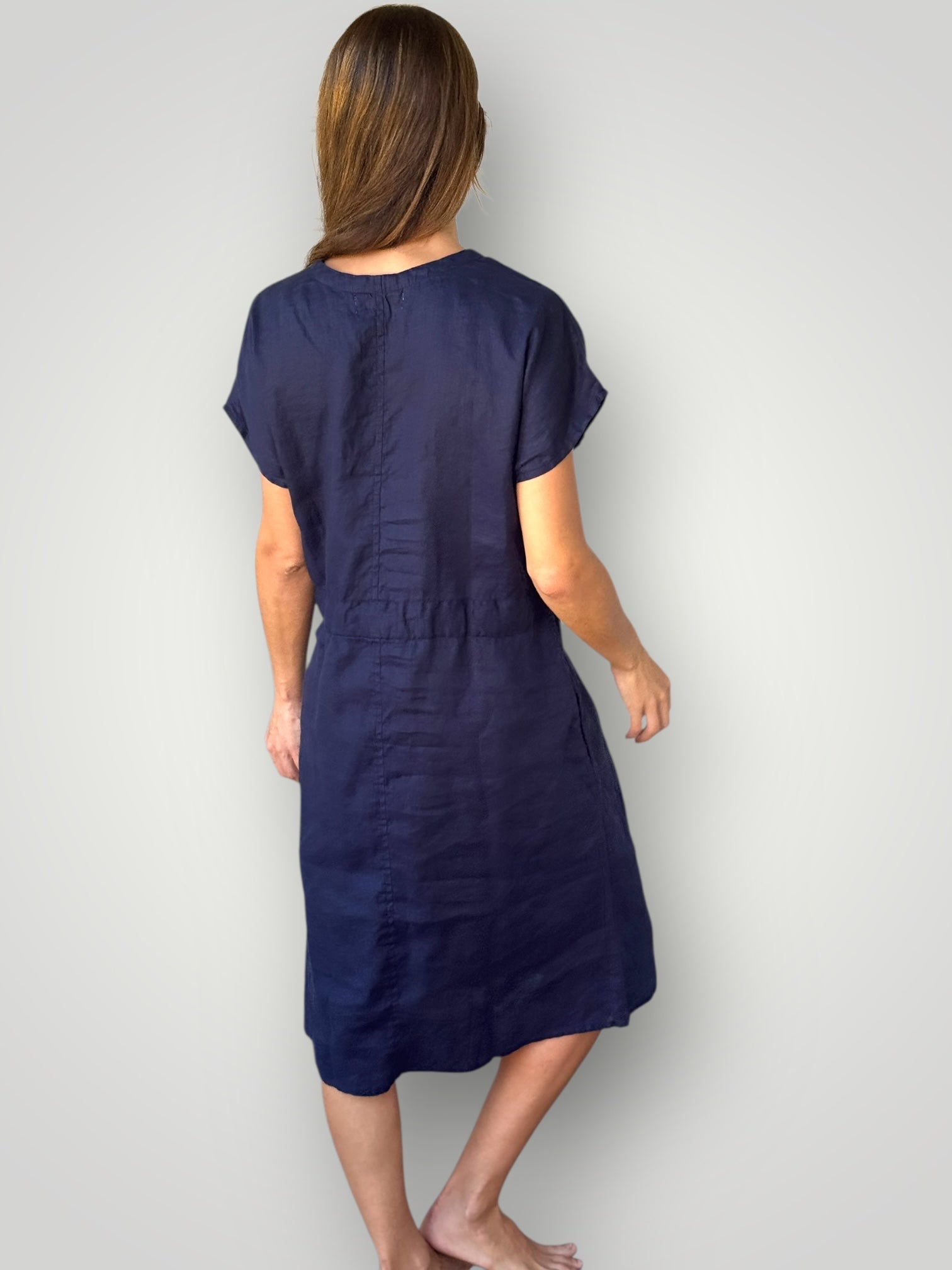 harper dress mid length -navy linen Apparel
