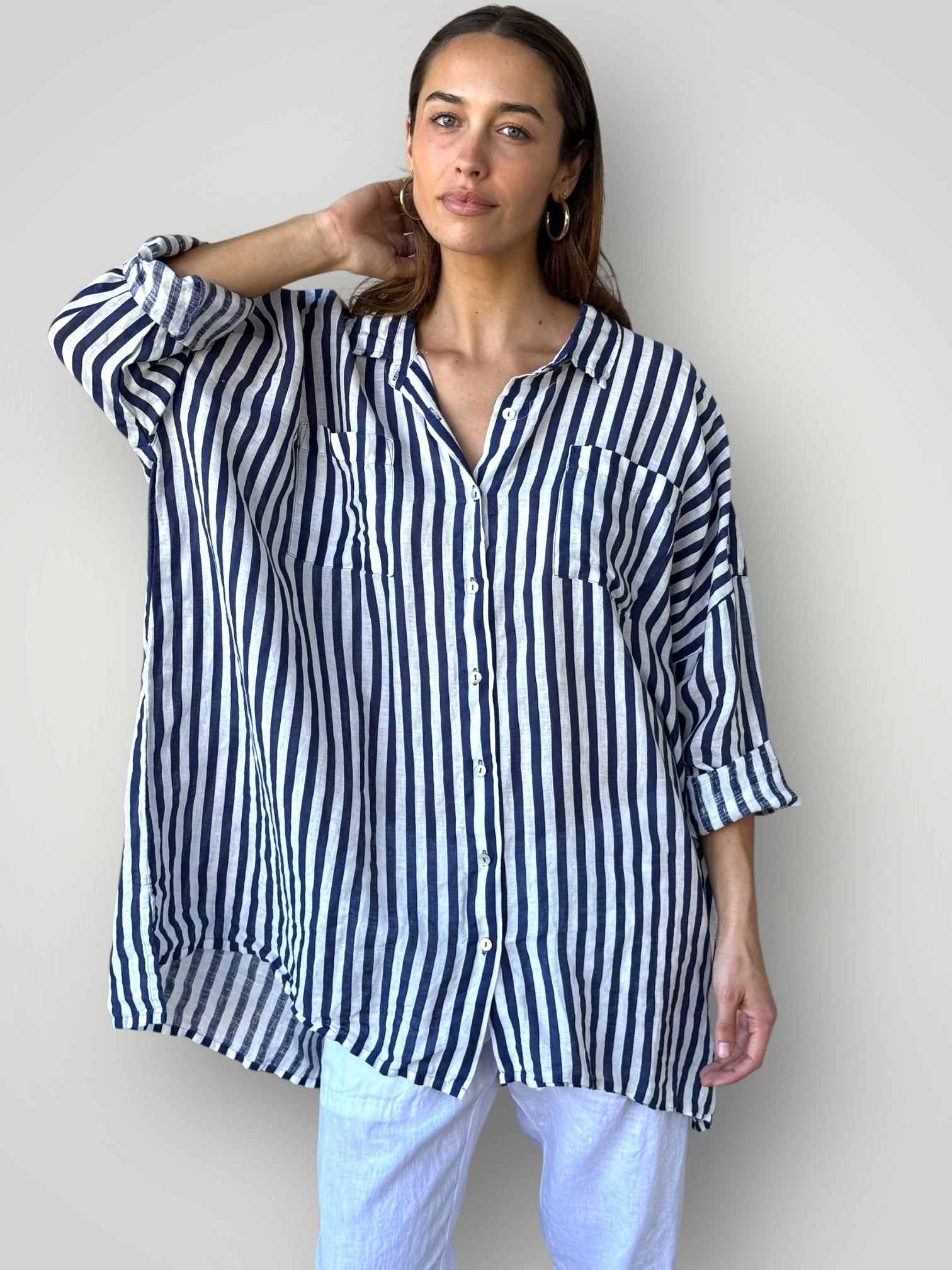 aiden boyfriend shirt -blue dusk stripe linen Apparel