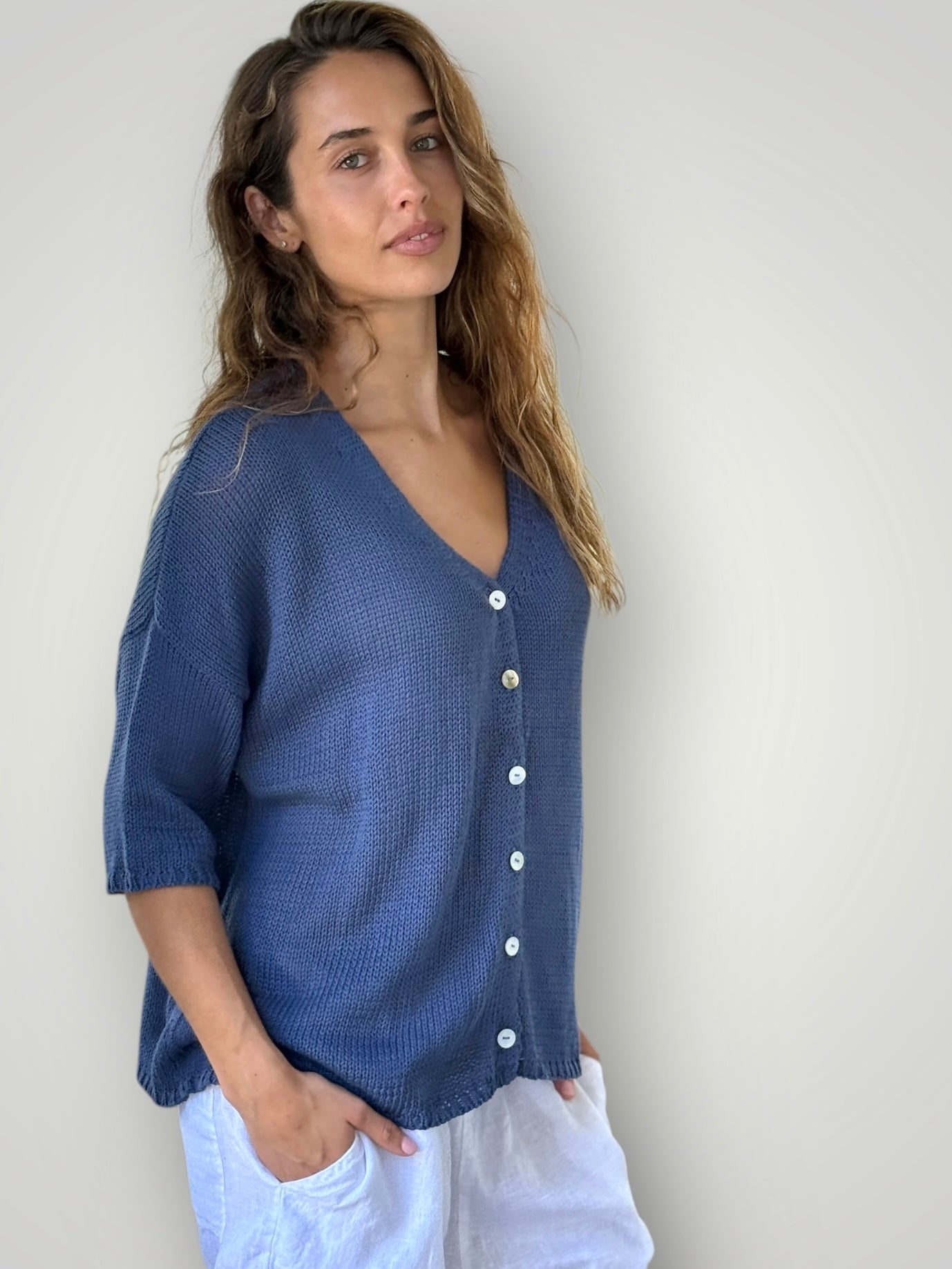 alex cardi-denim cotton knit Apparel