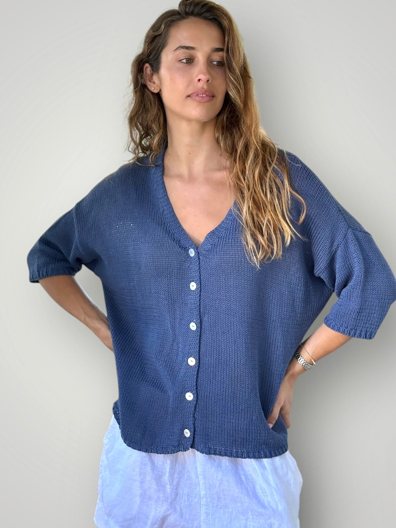 alex cotton knit cardi-denim Apparel