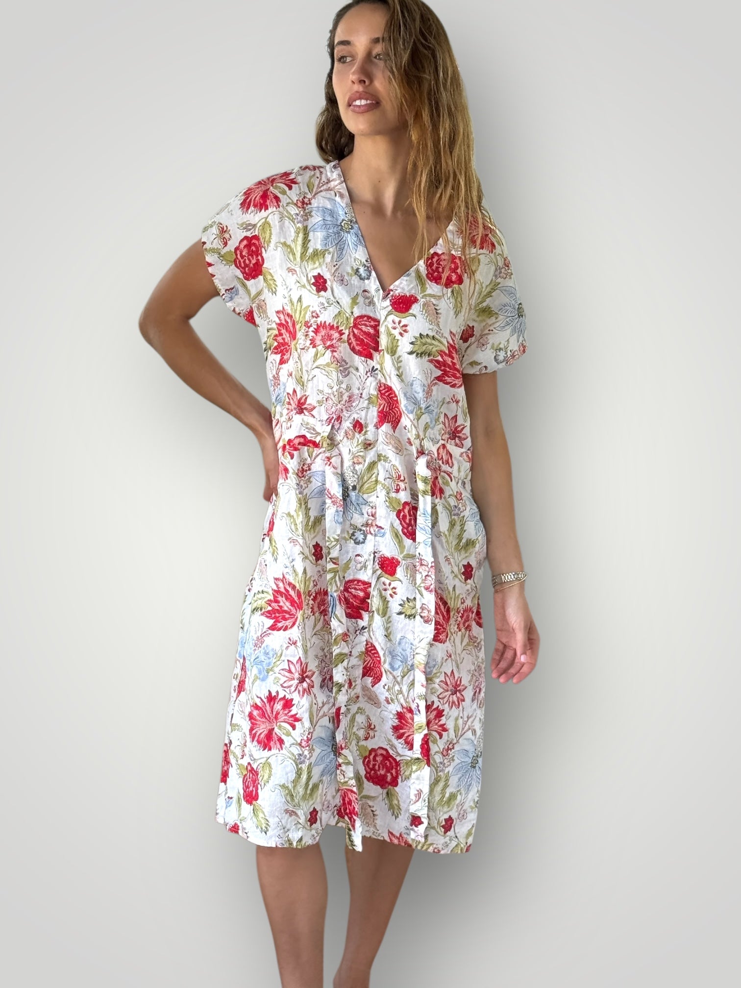 harper dress mid length - festive flower linen Apparel