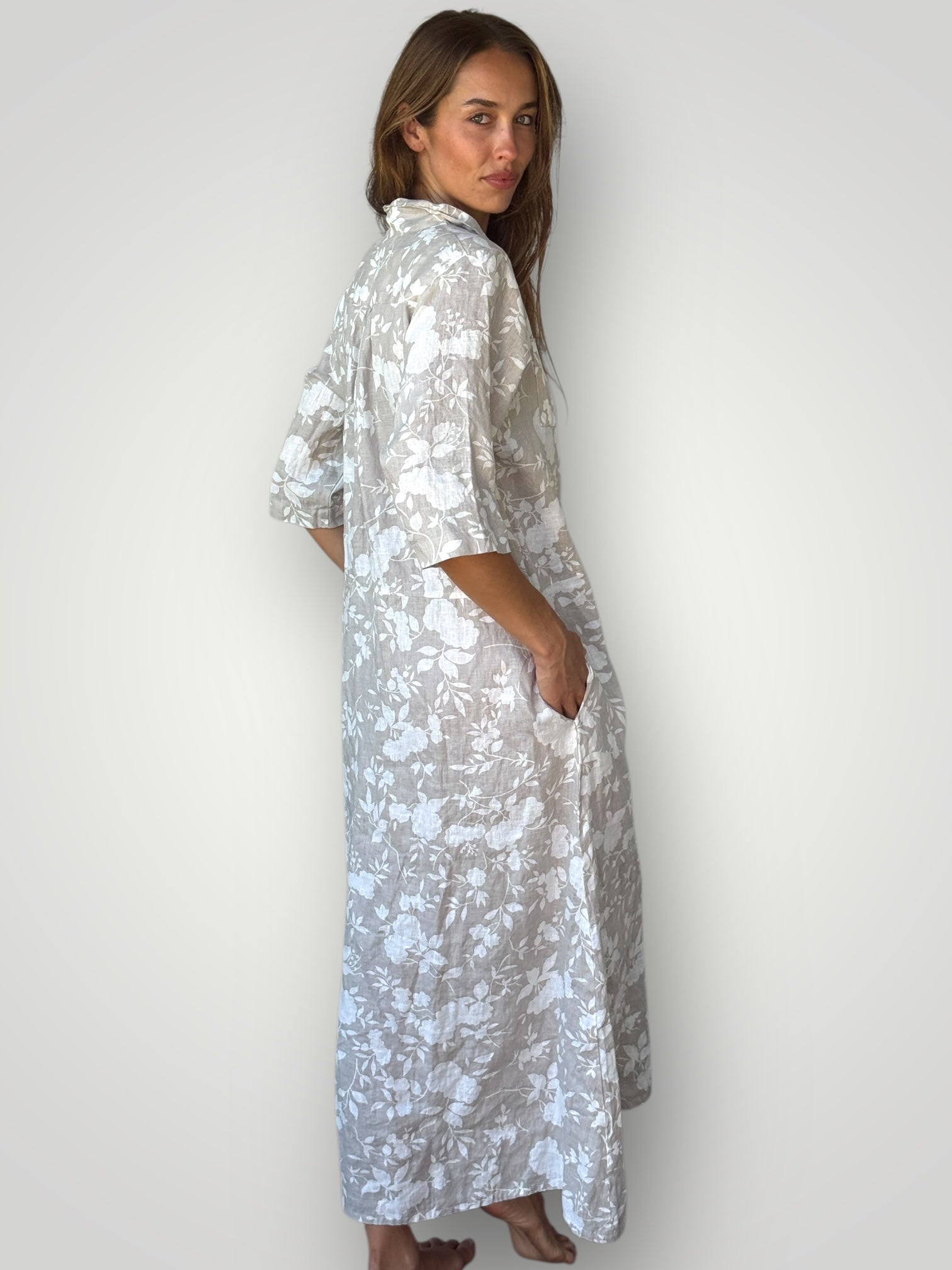 bridget dress - natural big flower linen Apparel
