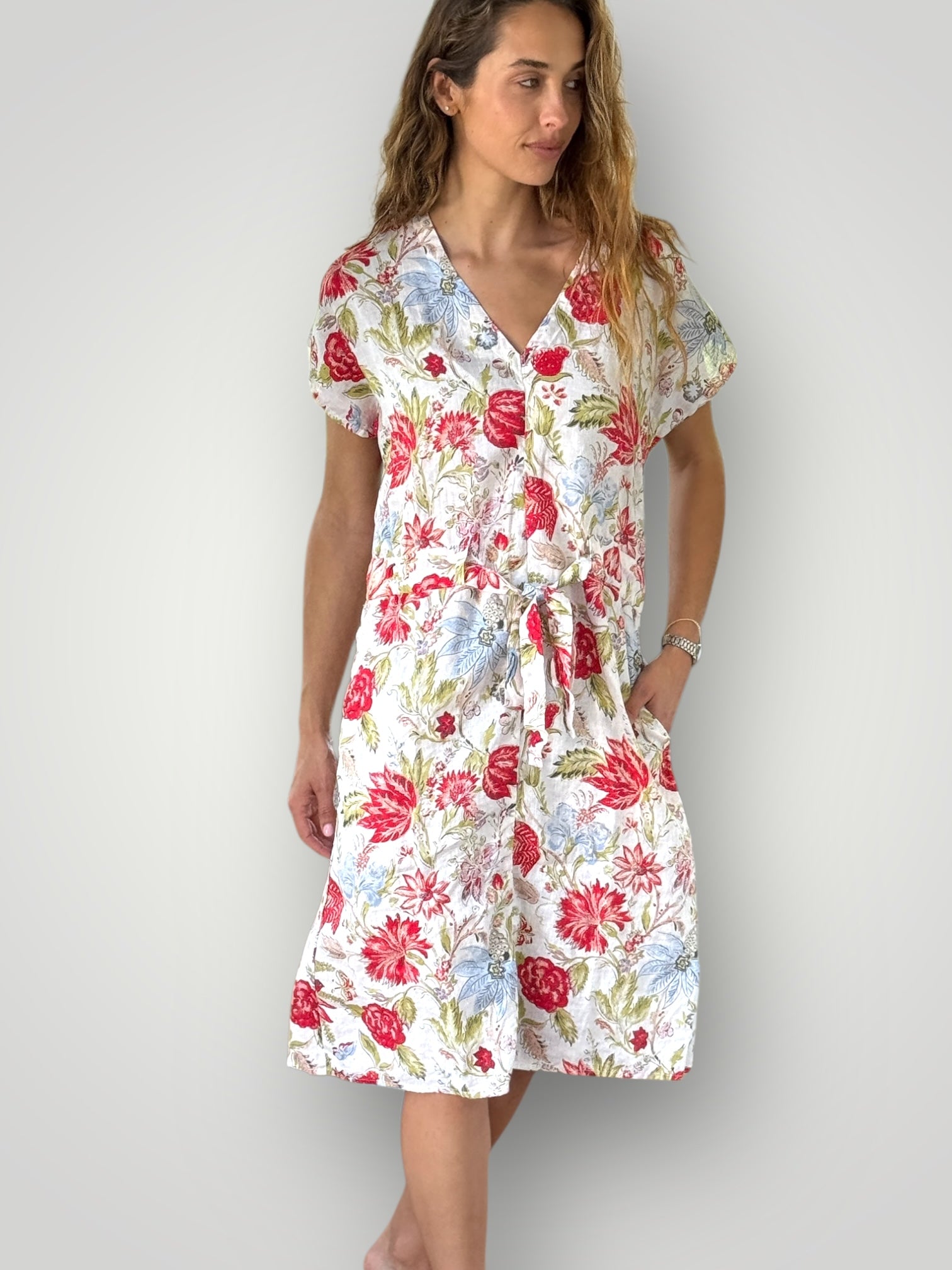 harper dress mid length - festive flower linen Apparel