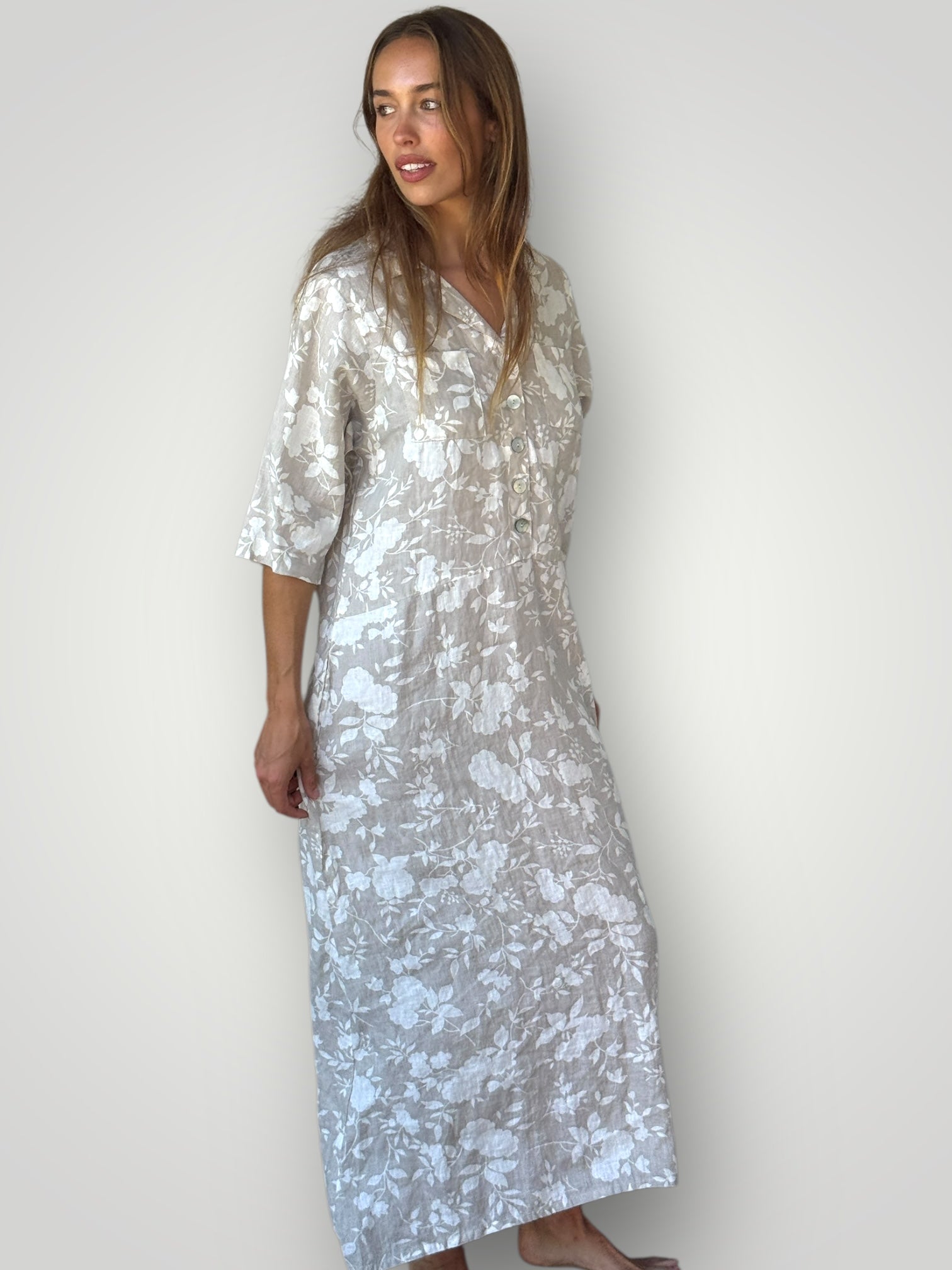 bridget dress - natural big flower linen Apparel