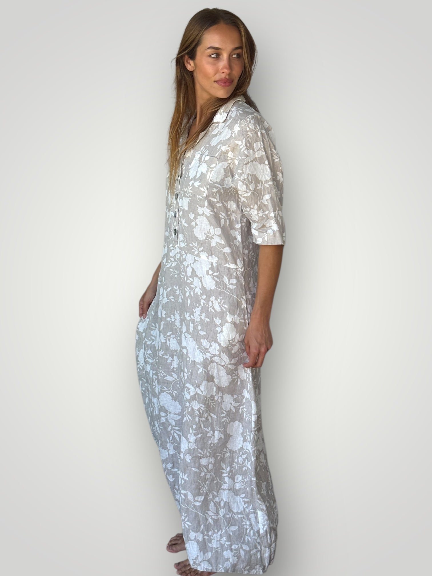bridget dress - natural big flower linen Apparel