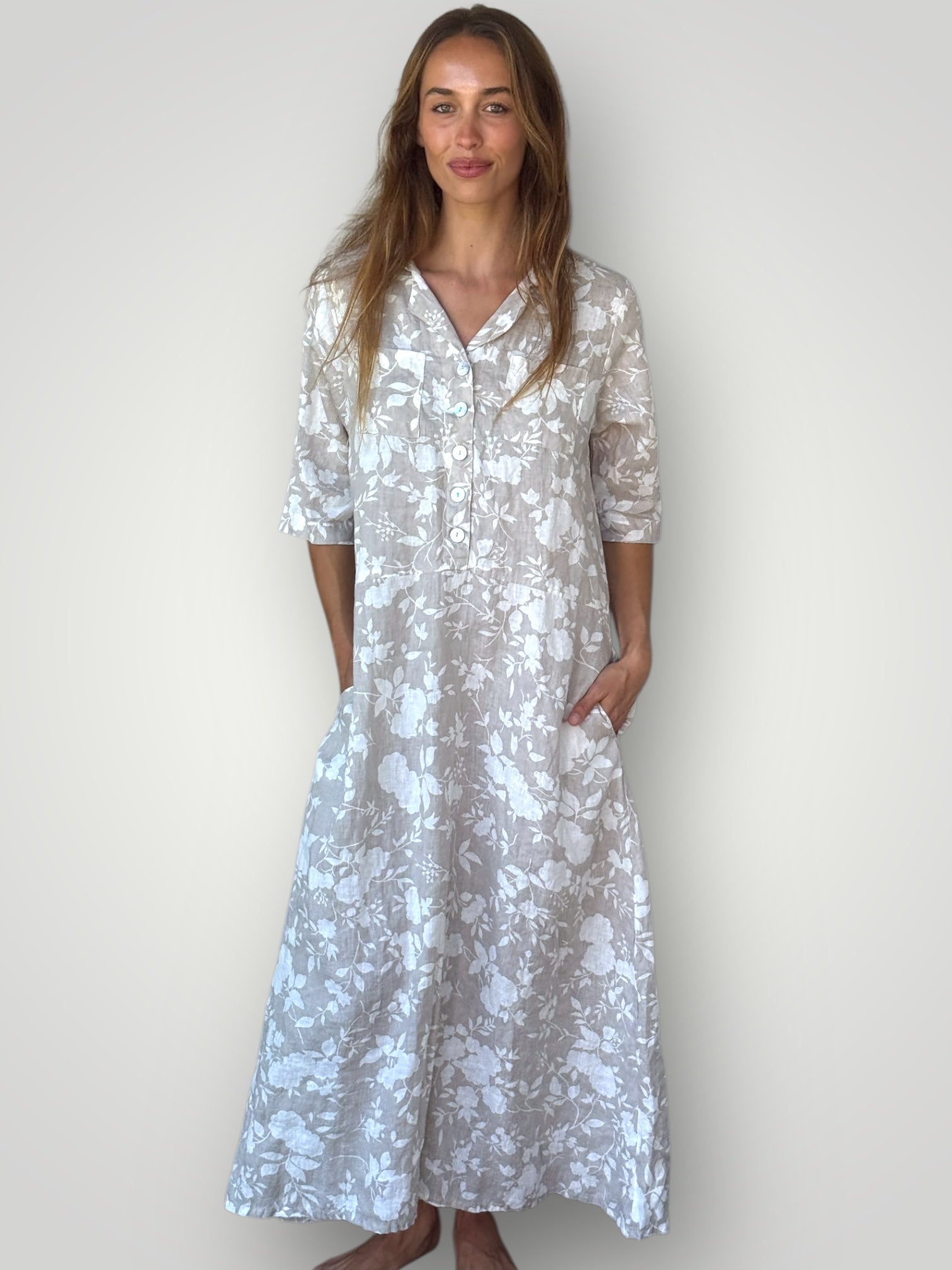bridget dress - natural big flower linen Apparel
