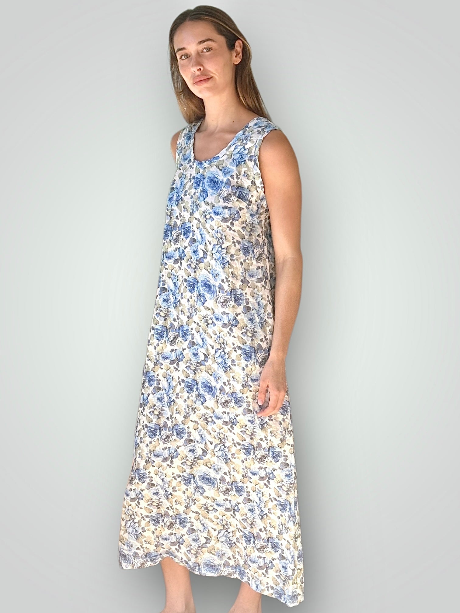 imogen dress-soft blue flowers linen