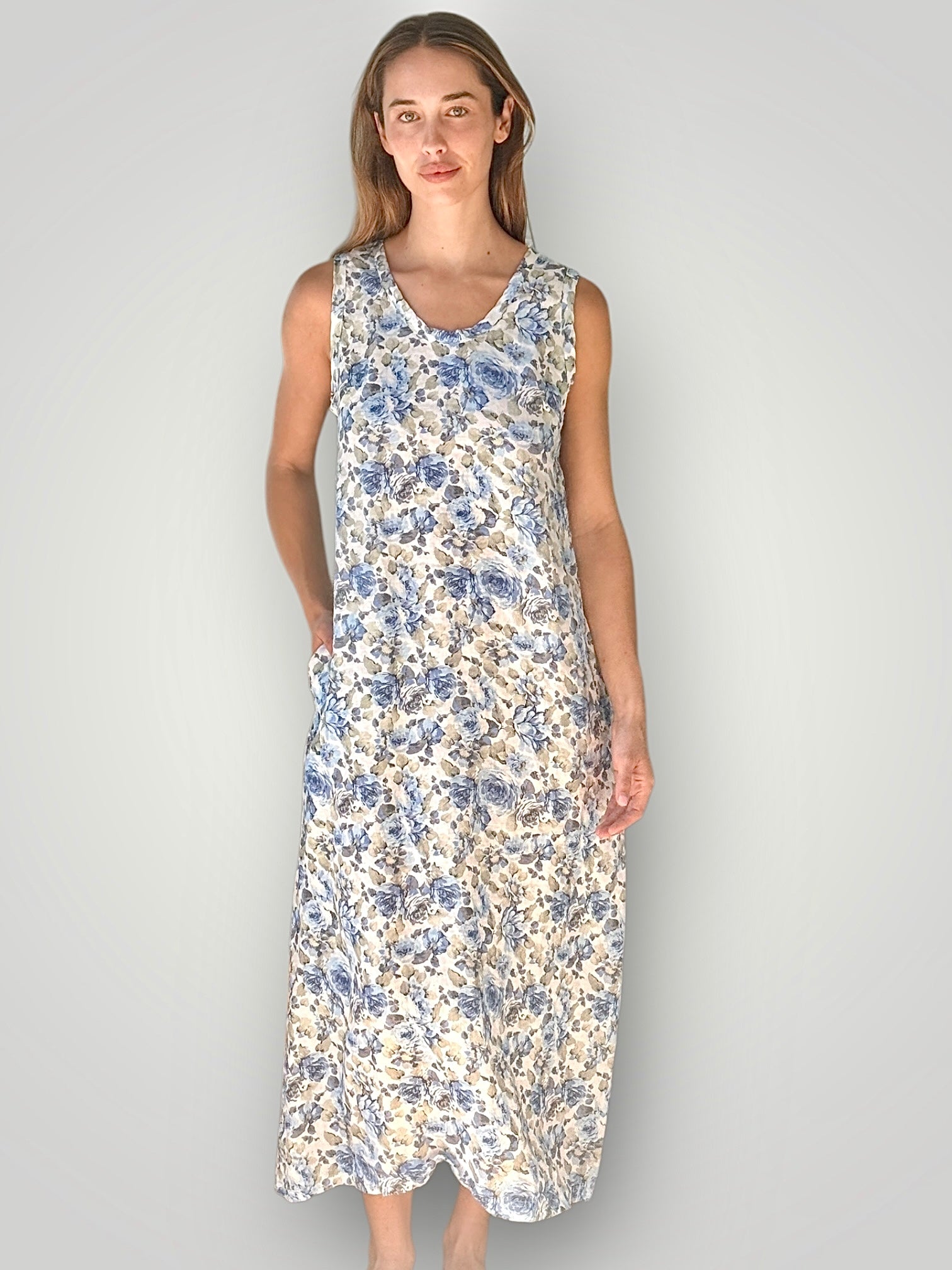 imogen dress-soft blue flowers linen