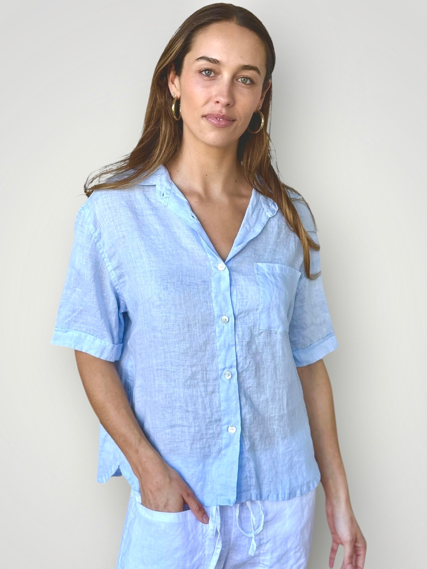 erin shirt-soft blue linen Apparel