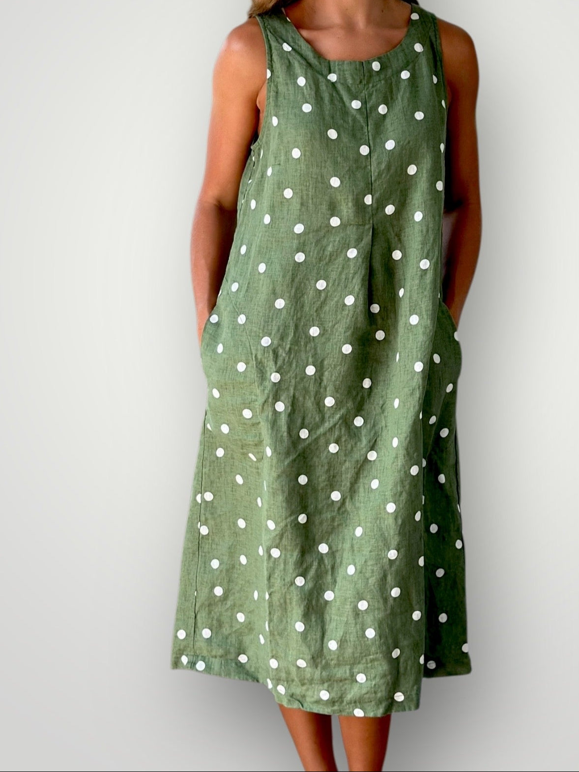 becky dress - moss spot linen Apparel