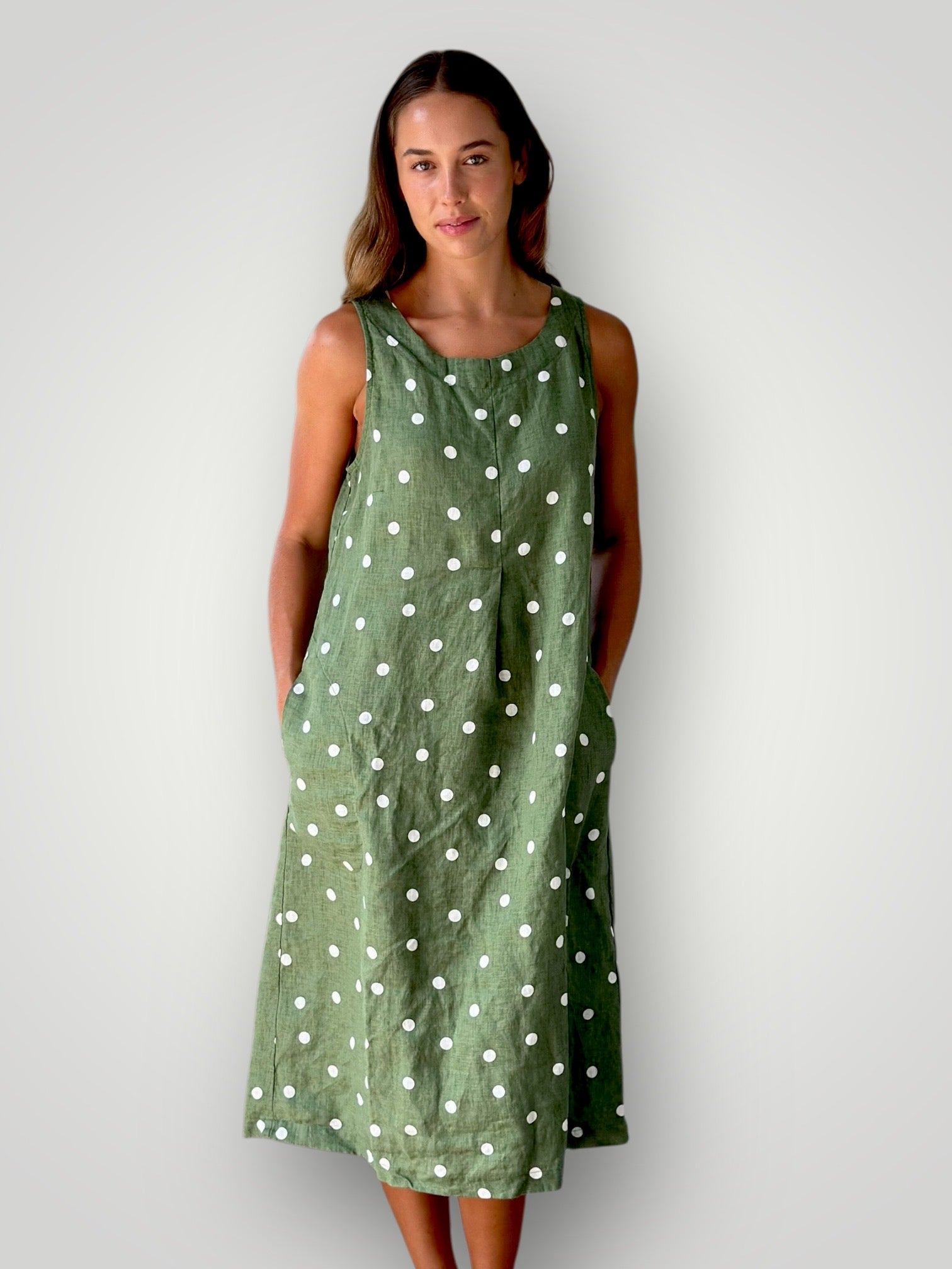 becky dress - moss spot linen Apparel
