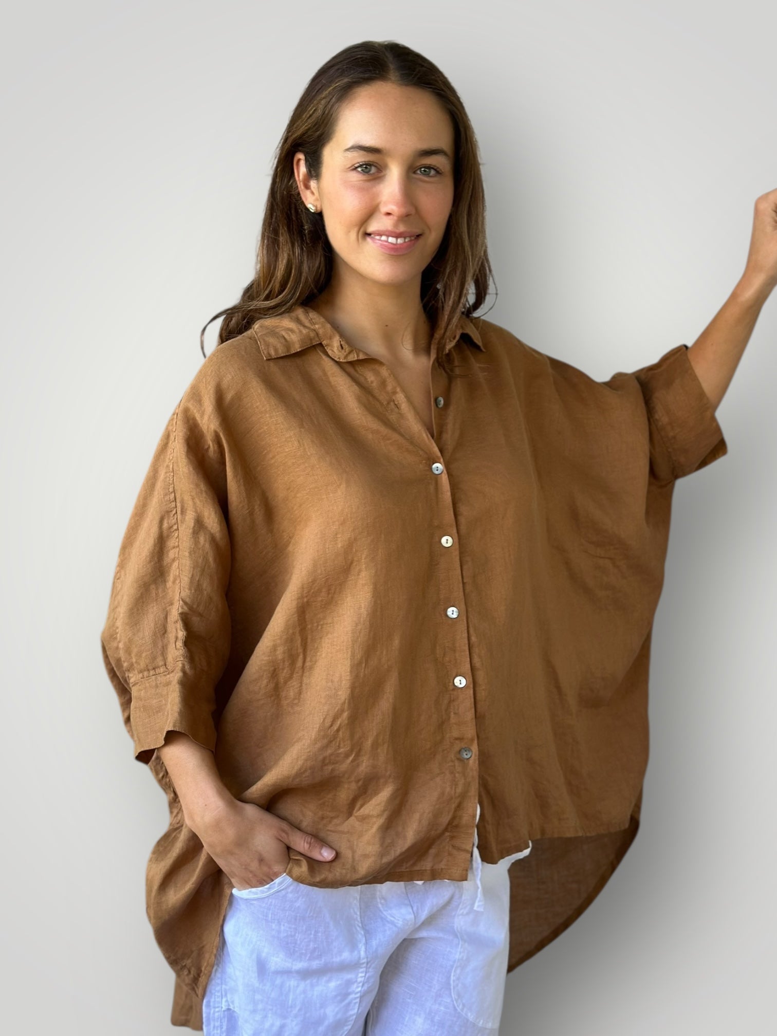 issey shirt - caramel linen Apparel