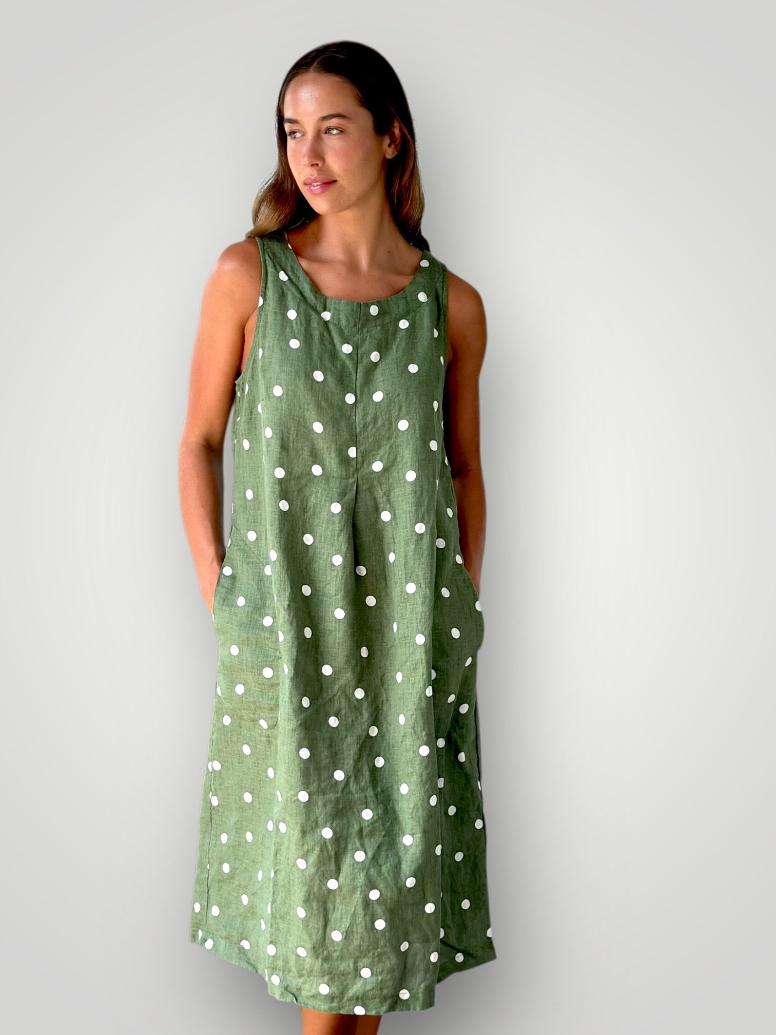 becky dress - moss spot linen Apparel