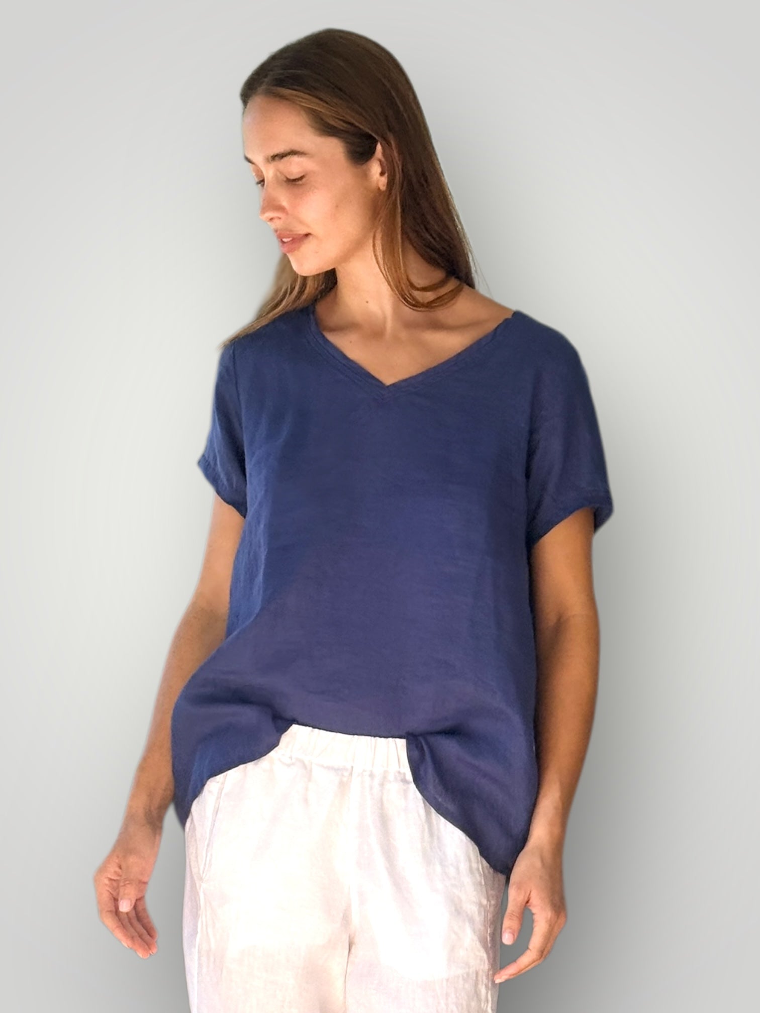 ellie v neck-blue dusk linen Apparel