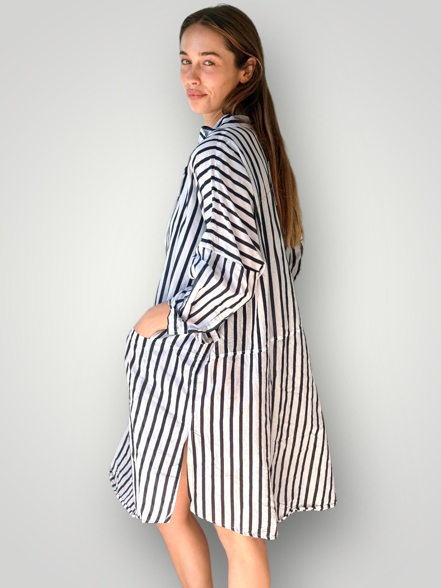 beach dress - navy stripe cotton General