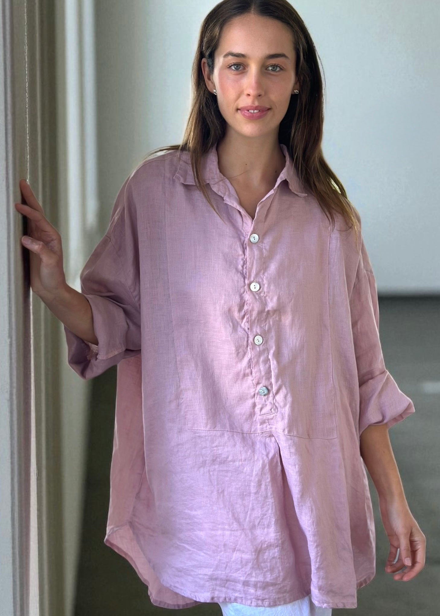 megan shirt - dusty rose linen Apparel
