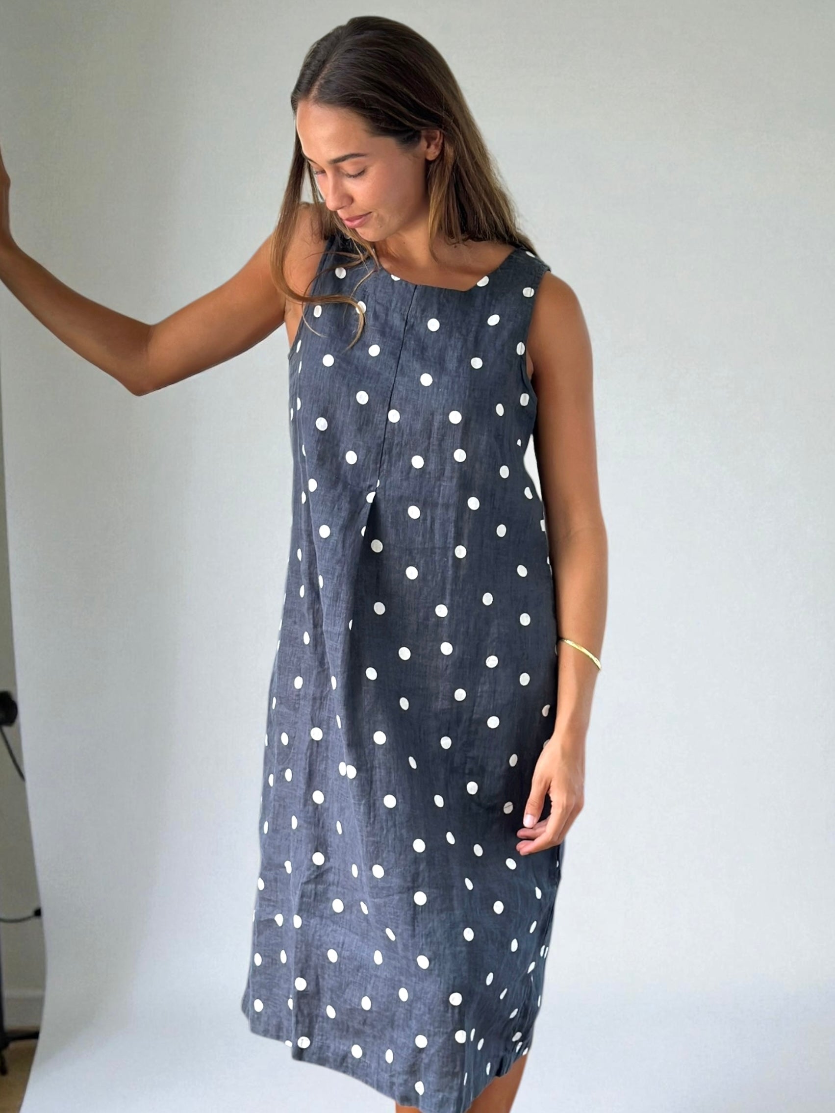 becky dress - charcoal spot linen